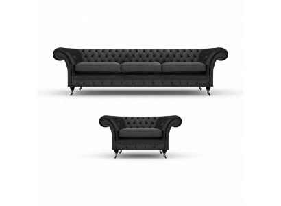 Wunnzëmmer Polstermiwwelen Schwaarz Dräisitzer Sofa 3+1 Fotell Chesterfield