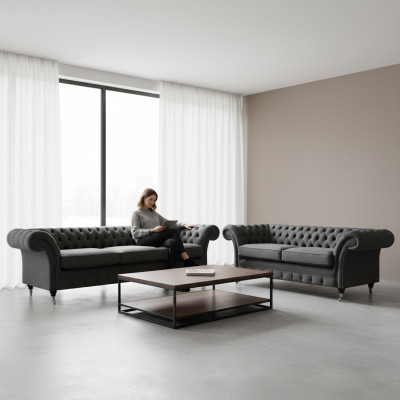 Chesterfield Polstermöbel Wunnzëmmer Sofa Set 2 Stécker Miwwelen Komplett 3+2