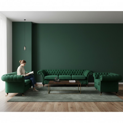 Chesterfield Sofa-Set 3tlg Polsterméibelen Gréng Ariichtung Wunnzëmmer 3+2+1