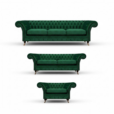 Chesterfield Sofa-Set 3tlg Polsterméibelen Gréng Ariichtung Wunnzëmmer 3+2+1