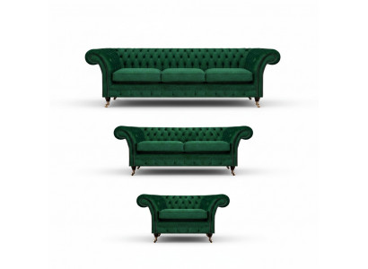 Chesterfield Sofa-Set 3tlg Polsterméibelen Gréng Ariichtung Wunnzëmmer 3+2+1