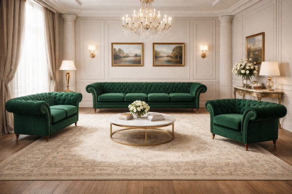 Gestofféiert Miwwelen Gréng Sofen Chesterfield Fauteuil Wunnzëmmer 4+2+1 Sofagarnitur