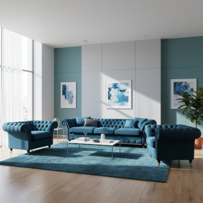 Luxus Blo Wunnzëmmer Set Chesterfield Ariichtung Polstermöbel Canapéë Stoff