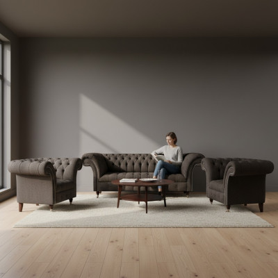 Chesterfield Polstermöbelsset fir d’Wunnzëmmer, 3 Stéck, Luxus Designer Komplett Set