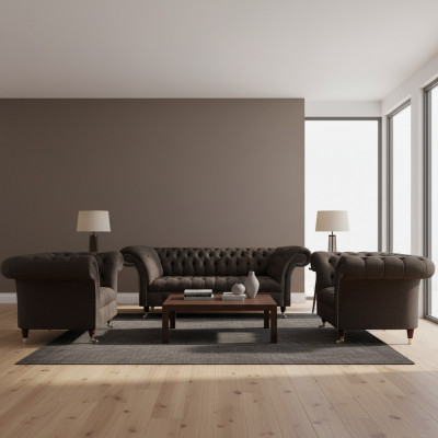 Chesterfield Polstermöbelsset fir d’Wunnzëmmer, 3 Stéck, Luxus Designer Komplett Set