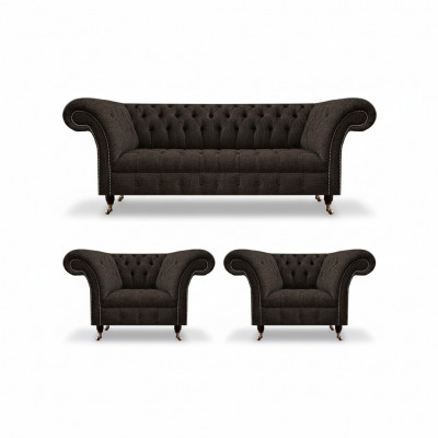 Chesterfield Polstermöbelsset fir d’Wunnzëmmer, 3 Stéck, Luxus Designer Komplett Set