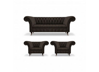 Chesterfield Polstermöbelsset fir d’Wunnzëmmer, 3 Stéck, Luxus Designer Komplett Set