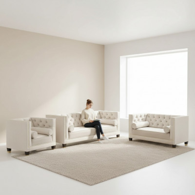 Wäiss Sofa Garnitur Textilsofa Wunnzëmmer Luxus 3+2+1 Ariichtung Chesterfield