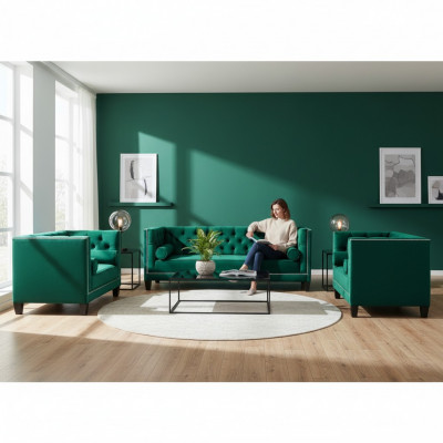 Luxus Gréng Chesterfield Design Garnitur 3tëg Sofas Canapé Wunnzëmmer 3+2+1