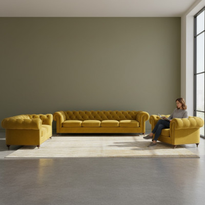 Luxus Giel Komplett 4+2+1 Wunnzëmmer Still Chesterfield Textil Polstermöbel