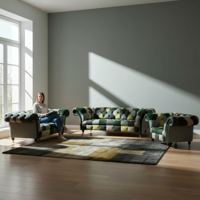 Chesterfield Wunnzëmmer Modern Polstermiwwel Sofagarnitur 3tlg 3+2+1