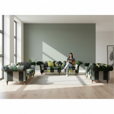 Wunnzëmmer Modern Design Stoff 3tlg Chesterfield Polstermebel Nei