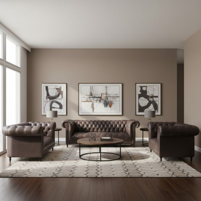 Wunnzëmmer Set 3tlg Braun Lieder Ariichtung Polstermébel Chesterfield Nei