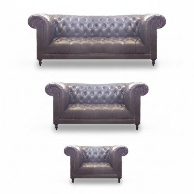 Wunnzëmmer Set 3tlg Braun Lieder Ariichtung Polstermébel Chesterfield Nei