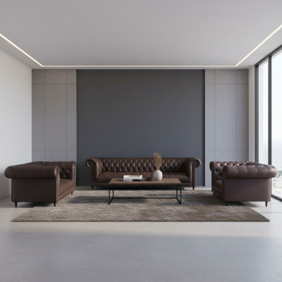 Chesterfield Luxus Komplett 3-Deel Wunnzëmmer Sofagarnitur Polstermöbel 4+2+1