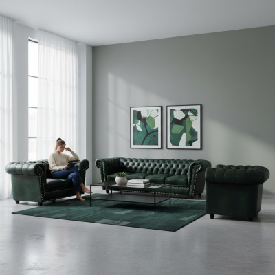 Luxus Ledersofa Komplett Sofagarnitur 3 Deeler Chesterfield Wunnzëmmer Fautteuil 4+2+1