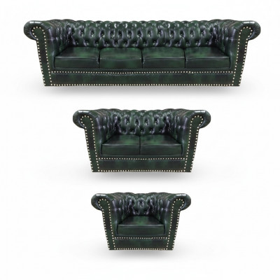 Luxus Ledersofa Komplett Sofagarnitur 3 Deeler Chesterfield Wunnzëmmer Fautteuil 4+2+1