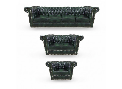 Luxus Ledersofa Komplett Sofagarnitur 3 Deeler Chesterfield Wunnzëmmer Fautteuil 4+2+1