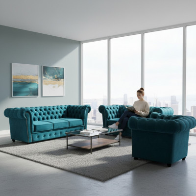 Sofagarnitur Modern Textil Fotell 2x Canapéen Chesterfield Wunnzëmmer 3+2+1