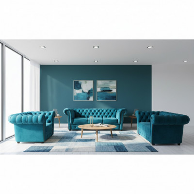 Sofagarnitur Modern Textil Fotell 2x Canapéen Chesterfield Wunnzëmmer 3+2+1