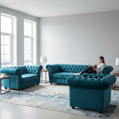 Blo Neit Sofa Set 3tlg Modern Textil Chesterfield Wunnzëmmer Komplett
