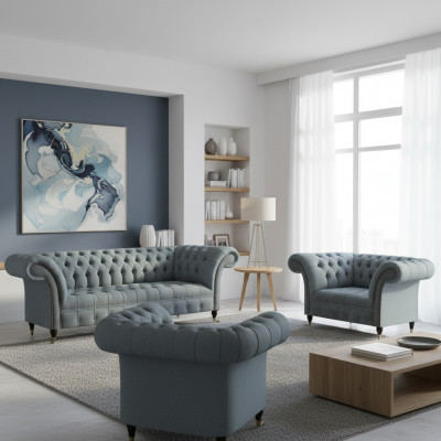 Chesterfield Gro Luxus Sofagarnitur 3tlg Wunnzëmmer Modern Ariichtung