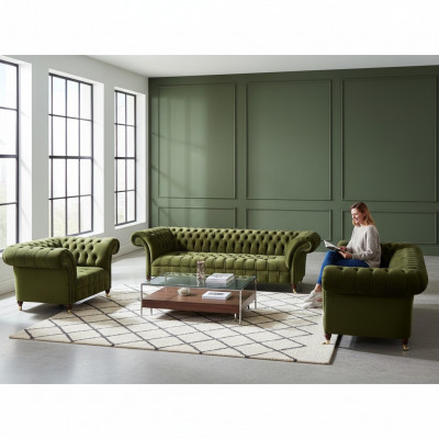 Komplett Gréng Canapé Set Canapé-Ensemble Luxus Textil Ariichtung Chesterfield