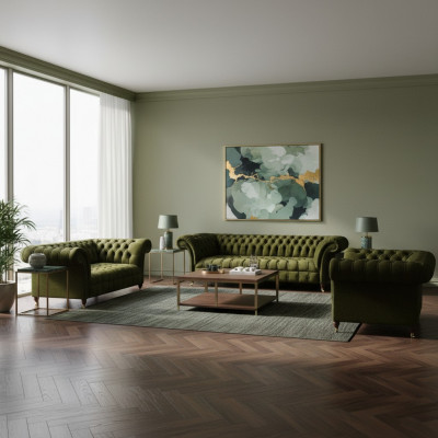 Komplett Gréng Canapé Set Canapé-Ensemble Luxus Textil Ariichtung Chesterfield