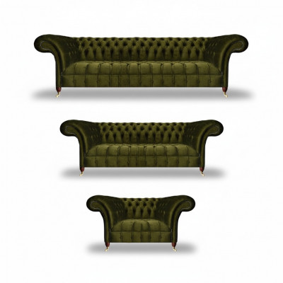 Komplett Gréng Canapé Set Canapé-Ensemble Luxus Textil Ariichtung Chesterfield