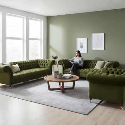 Chesterfield Gréng Sofagarnitur Wunnzëmmer Luxus Textil Sofas Set Nei