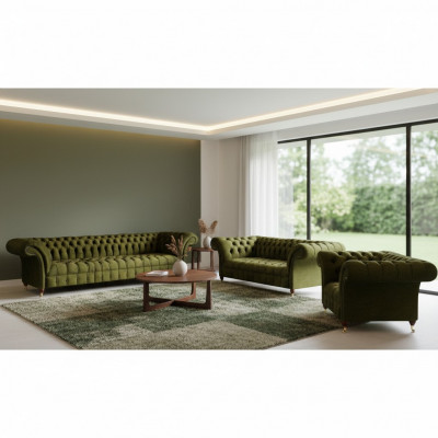 Chesterfield Gréng Sofagarnitur Wunnzëmmer Luxus Textil Sofas Set Nei