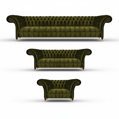 Chesterfield Gréng Sofagarnitur Wunnzëmmer Luxus Textil Sofas Set Nei