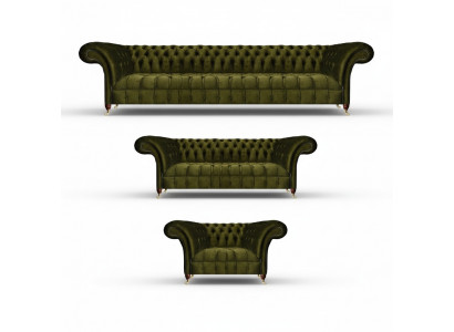 Chesterfield Gréng Sofagarnitur Wunnzëmmer Luxus Textil Sofas Set Nei