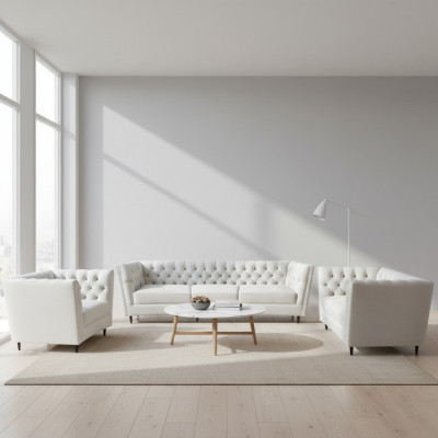 Design Komplett Wäiss Miwwelen Wunnzëmmer Set 3 Deeler Luxus Polstermöbel Chesterfield