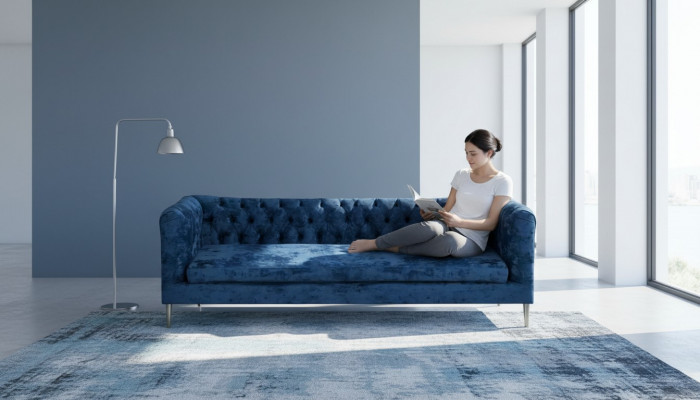 Moderne Polstermébel Sofa Dräisitze Couch Ariichtung Chesterfield Textil Stoff.