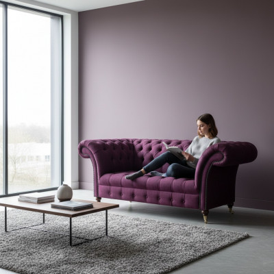Lila Sofa Zweisitzer Canapé Stuffzëmmer Ariichtung Polstermöbel Chesterfield