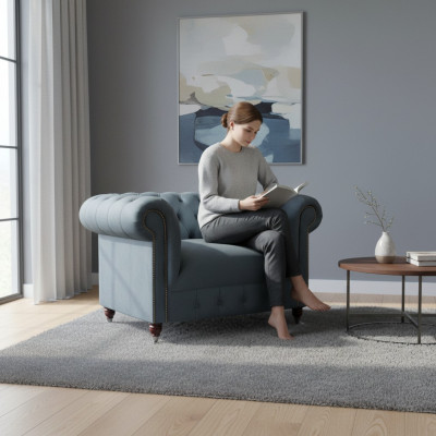Chesterfield Groe Stoffsëtz Eckzëmmer Textil Eensëtzer Edele Sëtz