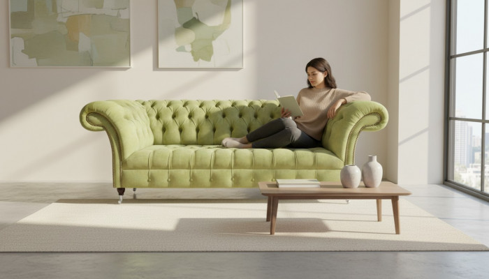 Chesterfield hellgréng Sofa Modernen Wunnzëmmer Dräisëtz Luxus Miwwelen