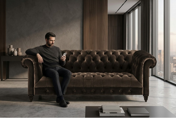 Moderne brong Chesterfield Canapé Designer Stoffssofaen Edle Polsterméibelen