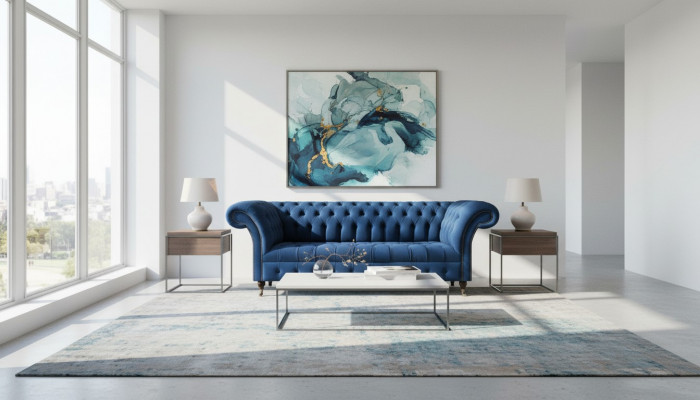 Däischterblo Chesterfield Wunnzëmmer Couch Designer Drësëtzer Sëtzmiwwel