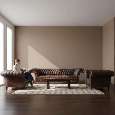 Wunnzëmmer Braun Chesterfield Lieder Garnitur Designer Sëtzmoobel 3-Deel Set