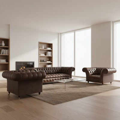 Wunnzëmmer Braun Chesterfield Lieder Garnitur Designer Sëtzmoobel 3-Deel Set