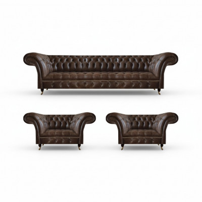 Wunnzëmmer Braun Chesterfield Lieder Garnitur Designer Sëtzmoobel 3-Deel Set
