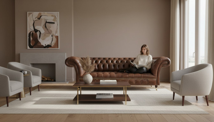 Braune Chesterfield Lieder-Couch Wunnzëmmer Couchen Designer Robust Miwwelen