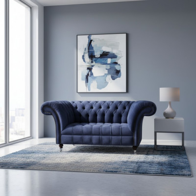 Chesterfield Bloë Polstersofa Wunnzëmmer 2-Sëtzer Luxus Edelt Sëtzmiwwelen