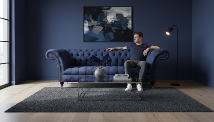 Däischterblo Chesterfield Sofa Sëtzmébel Polstersofa Stoff Miwwelen