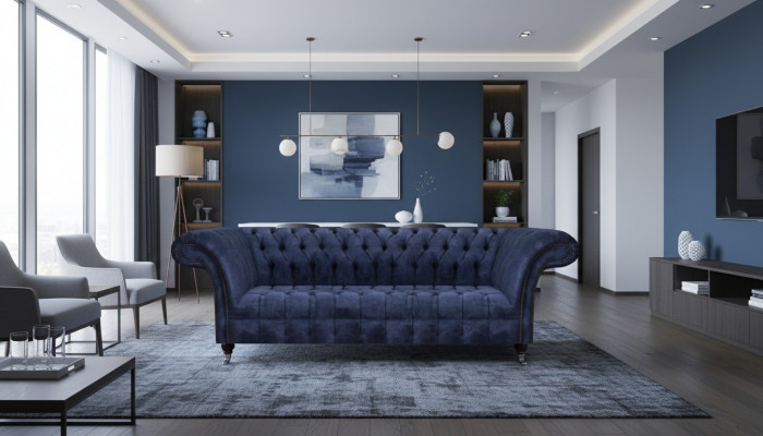 Däischterblo Chesterfield Sofa Sëtzmébel Polstersofa Stoff Miwwelen