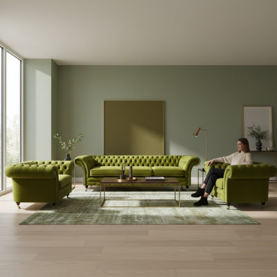 Olivgréng Wunnzëmmer Garnitur Chesterfield Polstercouch 2x Sesselen 3-Stéck.