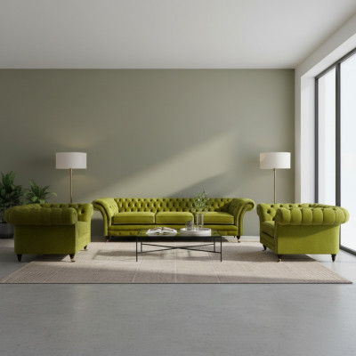 Olivgréng Wunnzëmmer Garnitur Chesterfield Polstercouch 2x Sesselen 3-Stéck.