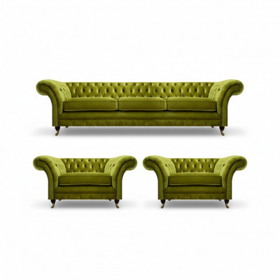 Olivgréng Wunnzëmmer Garnitur Chesterfield Polstercouch 2x Sesselen 3-Stéck.